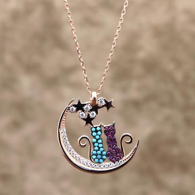 925 Ayar Gümüş Ay Üstünde Oturan Aşık Kediler Hayalet Kolye