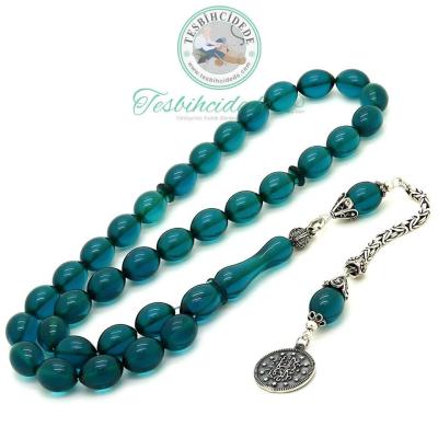 925 Ayar Gümüş Püsküllü Petrol Mavisi Sıkma Kehribar Tesbih