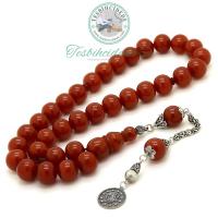 925 Ayar Gümüş Tuğra Püsküllü Büyük Boy Sıkma Kehribar Tesbih