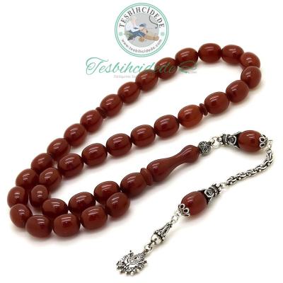 925 Ayar Gümüş Osmanlı Arması Püsküllü Eskitme Sıkma Kehribar Tesbih