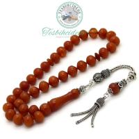 925 Ayar Gümüş Püsküllü Şalgam Kesim Sıkma Kehribar Tesbih