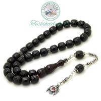 925 Ayar Gümüş Ayyıldız Püsküllü Koyu Kırmızı Eskitme Sıkma Kehribar Tesbih