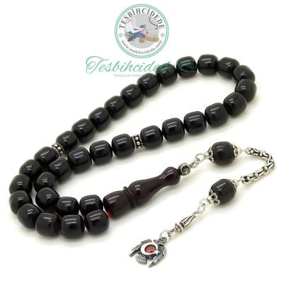 925 Ayar Gümüş Ayyıldız Püsküllü Koyu Kırmızı Eskitme Sıkma Kehribar Tesbih