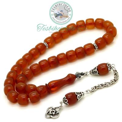 925 Ayar Gümüş Ayyıldız Püsküllü Kayısı Renkli Eskitme Sıkma Kehribar Tesbih