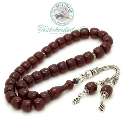 925 Ayar Gümüş Püsküllü Bordo Renkli Eskitme Sıkma Kehribar Tesbih