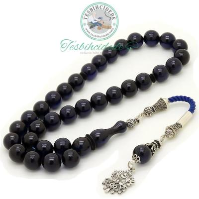 925 Ayar Gümüş Osmanlı Arma Püsküllü İspirto Mavisi Sıkma Kehribar Tesbih