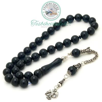 925 Ayar Gümüş Selçuklu Kartal Püsküllü Koyu Petrol Mavisi Sıkma Kehribar Tesbih