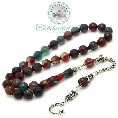 925 Ayar Gümüş Ayyıldız Püsküllü Rengarenk Sıkma Kehribar Tesbih