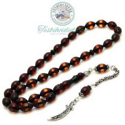 925 Ayar Gümüş Zülfikar Püsküllü Sürmeli Sıkma Kehribar Tesbih