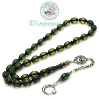 925 Ayar Gümüş Ayyıldız Püsküllü Sürmeli Sıkma Kehribar Tesbih