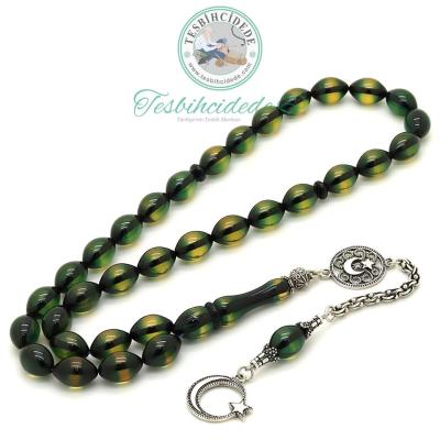 925 Ayar Gümüş Ayyıldız Püsküllü Sürmeli Sıkma Kehribar Tesbih