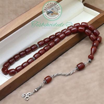 925 Ayar Gümüş Üçhilal Püsküllü Eskitme Kesme Sıkma Kehribar Tesbih