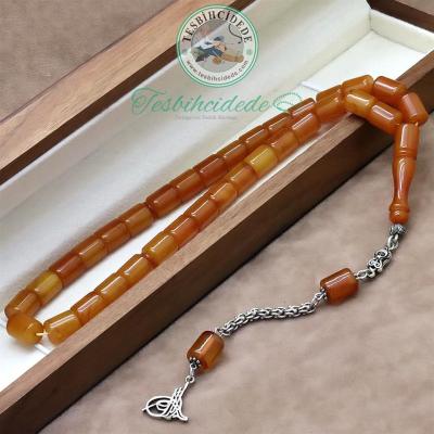 925 Ayar Gümüş Tuğra Püsküllü Hareli Kesme Sıkma Kehribar Tesbih