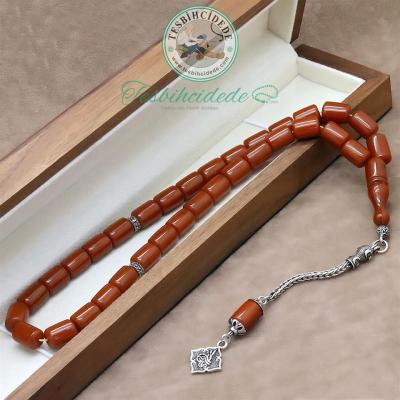 925 Ayar Gümüş Tuğra Püsküllü Eskitme Kesme Sıkma Kehribar Tesbih