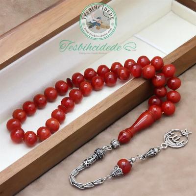 925 Ayar Gümüş Ayyıldız Türk Püsküllü Hareli Sıkma Kehribar Tesbih