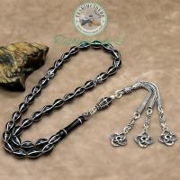 925 Ayar Gümüş Ayyıldız Püsküllü 6'Lı Karpuz İşlemeli Erzurum Oltu Taşı Tesbih