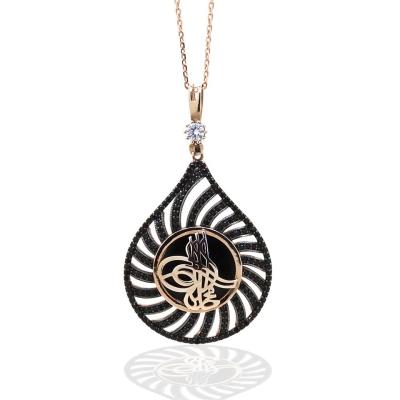 925 Ayar Gümüş Tuğra Roze Model Oltu Taşı Kolye