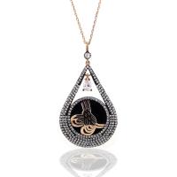 925 Ayar Gümüş Tuğra Roze Damla Model Oltu Taşı Kolye