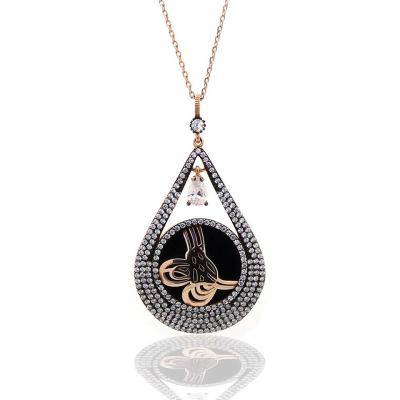 925 Ayar Gümüş Tuğra Roze Damla Model Oltu Taşı Kolye
