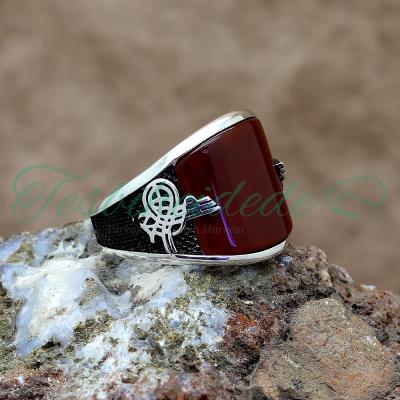 Akik Taşlı Tuğra Tasarım Gümüş Erkek Yüzük