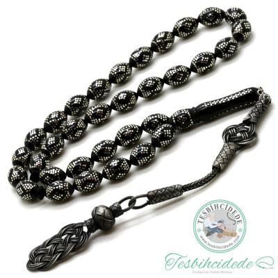 Arpa Kesim Özel Gümüş İşlemeli Erzurum Oltu Taşı Tesbih