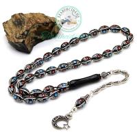 Ayyıldız Gümüş Püsküllü Bordo Mavi Mine Ve Karpuz İşlemeli Erzurum Oltu Taşı Tesbih