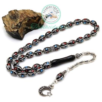 Ayyıldız Gümüş Püsküllü Bordo Mavi Mine Ve Karpuz İşlemeli Erzurum Oltu Taşı Tesbih