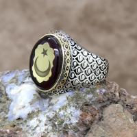 Ayyıldız Sıkma Kehribar Taşlı Gümüş Erkek Yüzük