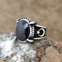 Ayyıldız Pençeli Siyah Zirkon Taşlı Gümüş Erkek Yüzük