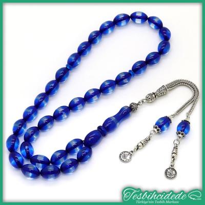 Büyük Mavi Renk Sürmeli Toz Kehribar Tesbih