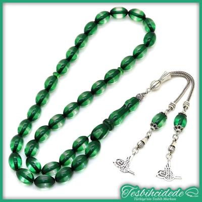Büyük Yeşil Renk Sürmeli Toz Kehribar Tesbih