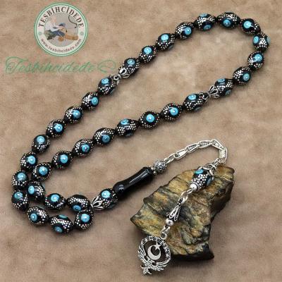 Çift Başlı Kartal Ayyıldız Türk Tasarım Firuze İşlemeli Erzurum Oltu Taşı Tesbih