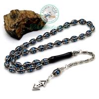 Çukur Gümüş Püsküllü Mavi Mine Ve Karpuz İşlemeli Erzurum Oltu Taşı Tesbih