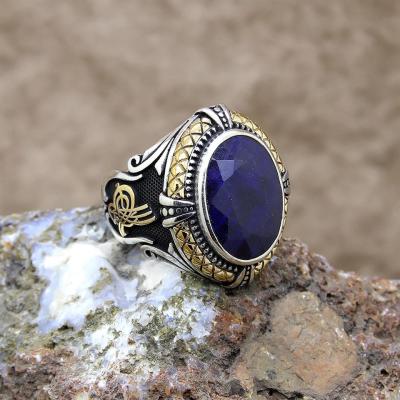 Doğal Safir Taşlı Gümüş Tuğralı Erkek Yüzük