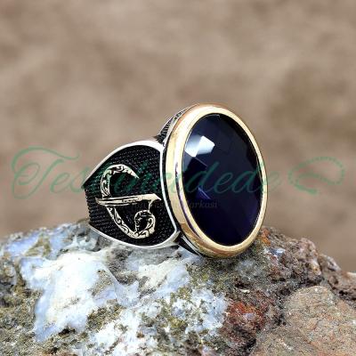 Elif Vav Tasarım Lacivert Zirkon Taşlı Erkek Gümüş Yüzük