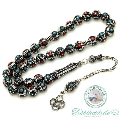 Firuze Mercan Ve Karpuz İşlemeli Erzurum Oltu Taşı Tesbih