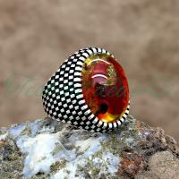 Fosilli Sıkma Kehribar Taşlı Gümüş Erkek Yüzük