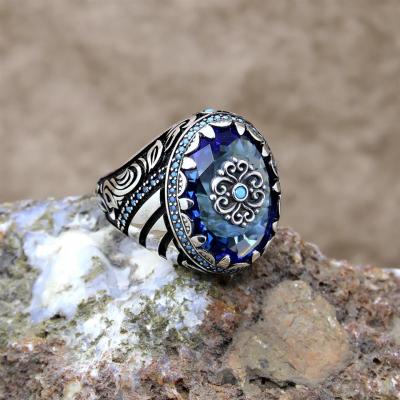 Gök Mavi Zirkon Taşlı Gümüş Erkek Yüzük