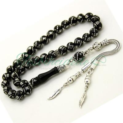 Gümüş Çeşm-İ Bülbül Ve Baklava İşlemeli Erzurum Oltu Taşı Tesbih