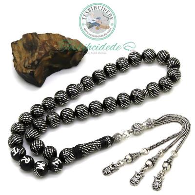 Gümüş İsim Yazılı Çeşm-İ Bülbül İşlemeli Erzurum Oltu Taşı Tesbih