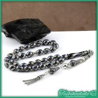 Gümüş Çift Çeşm-İ Bülbül Ve Mavi Mine İşlemeli Erzurum Oltu Taşı Tesbih