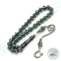 Gümüş Ayyıldız Tasarım Firuze Ve Karpuz İşlemeli Erzurum Oltu Taşı Tesbih