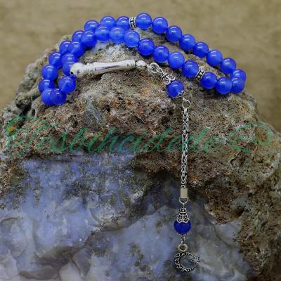 Gümüş Ayyıldız Tasarım Mavi Akik Tesbih