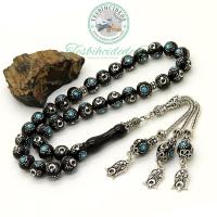 Gümüş Ayyıldız Ve Firuze İşlemeli Erzurum Oltu Taşı Tesbih