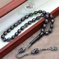 Gümüş Ayyıldız Lale Model Özel İşlemeli Erzurum Oltu Taşı Tesbih