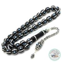 Gümüş Burgulu Yarma Ve Firuze İşlemeli Erzurum Oltu Taşı Tesbih