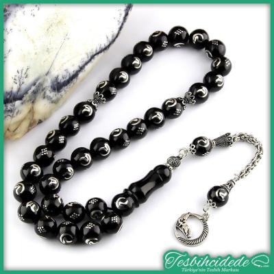 Gümüş Bozkurt İşlemeli Erzurum Oltu Taşı Tesbih