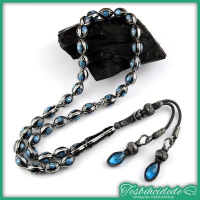 Gümüş Kazaz Püsküllü Yarma Ve Firuze İşlemeli Erzurum Oltu Taşı Tesbih