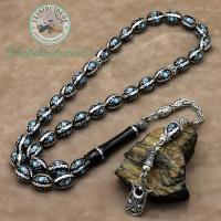 Gümüş Lale Ayyıldız Püsküllü Firuze İşlemeli Erzurum Oltu Taşı Tesbih