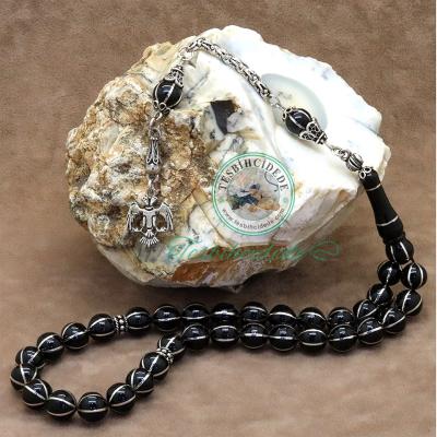 Gümüş Selçuklu Kartalı Model 6'Lı Karpuz İşlemeli Erzurum Oltu Taşı Tesbih